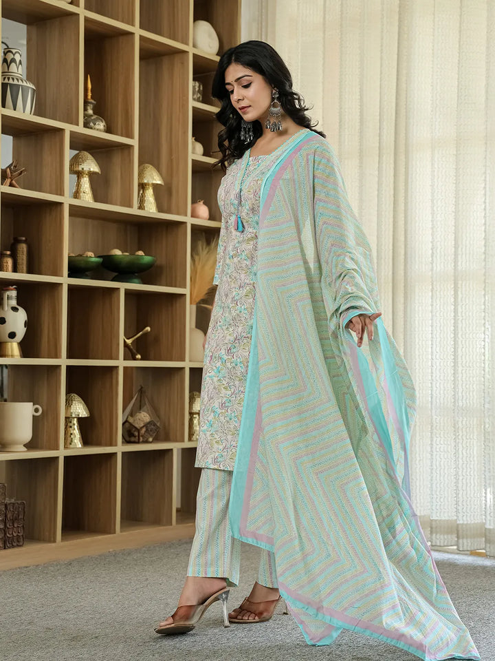 Purple Pure Cotton Floral Print Kurta Dupatta Pant Set-Yufta Store-6544SKDPRM