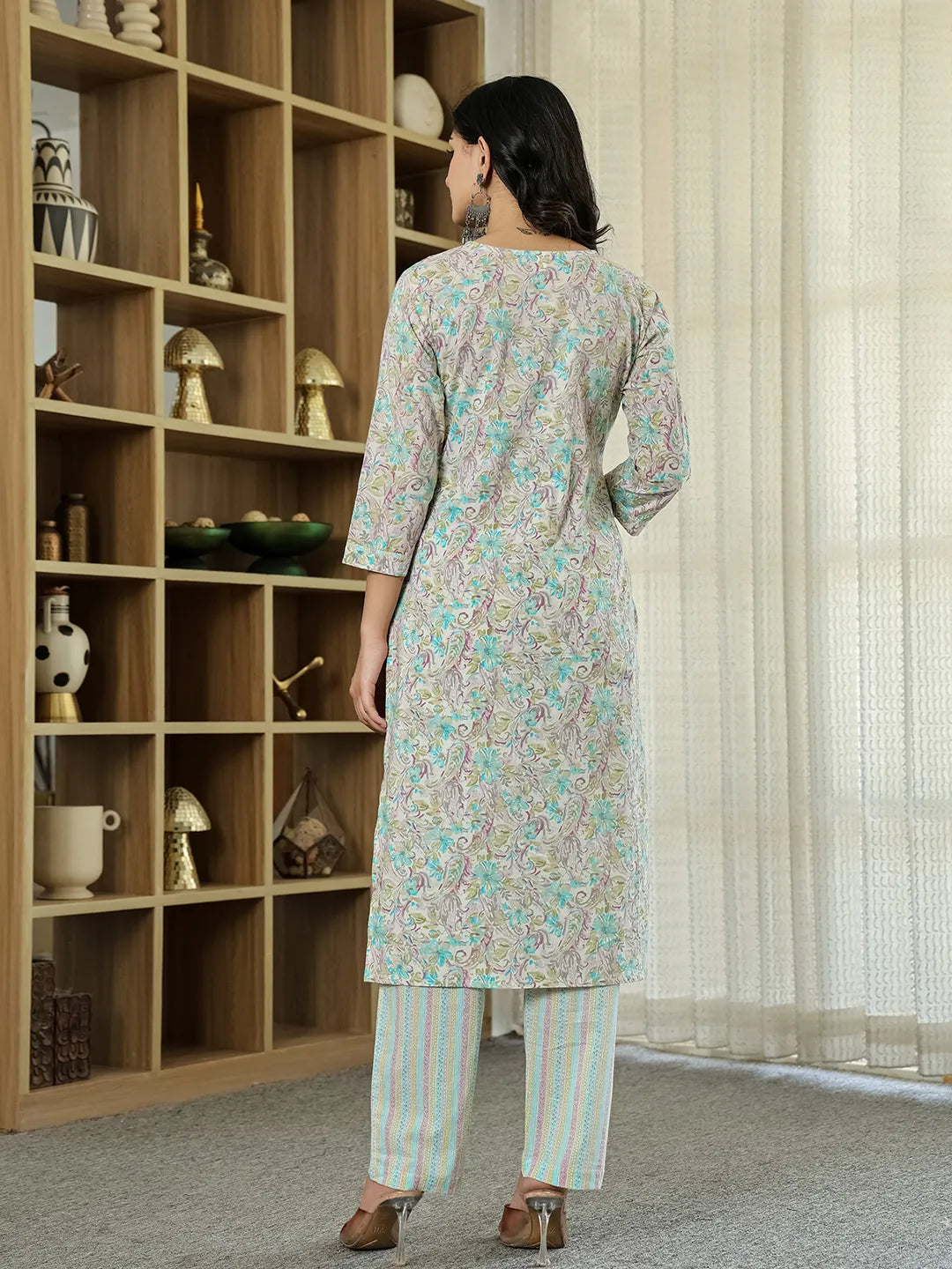 Purple Pure Cotton Floral Print Kurta Dupatta Pant Set-Yufta Store-6544SKDPRM