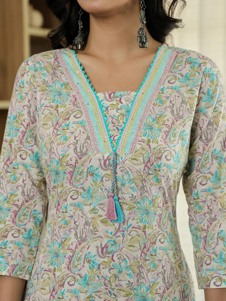 Purple Pure Cotton Floral Print Kurta Dupatta Pant Set-Yufta Store-6544SKDPRM