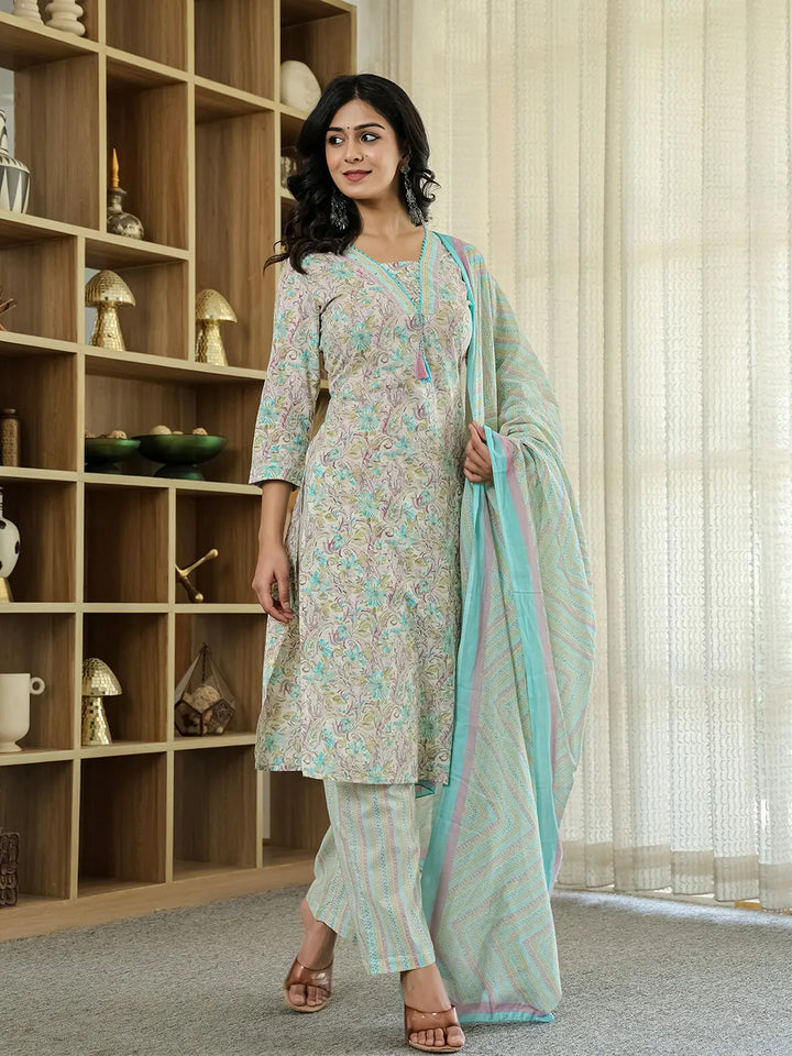 Purple Pure Cotton Floral Print Kurta Dupatta Pant Set-Yufta Store-6544SKDPRM