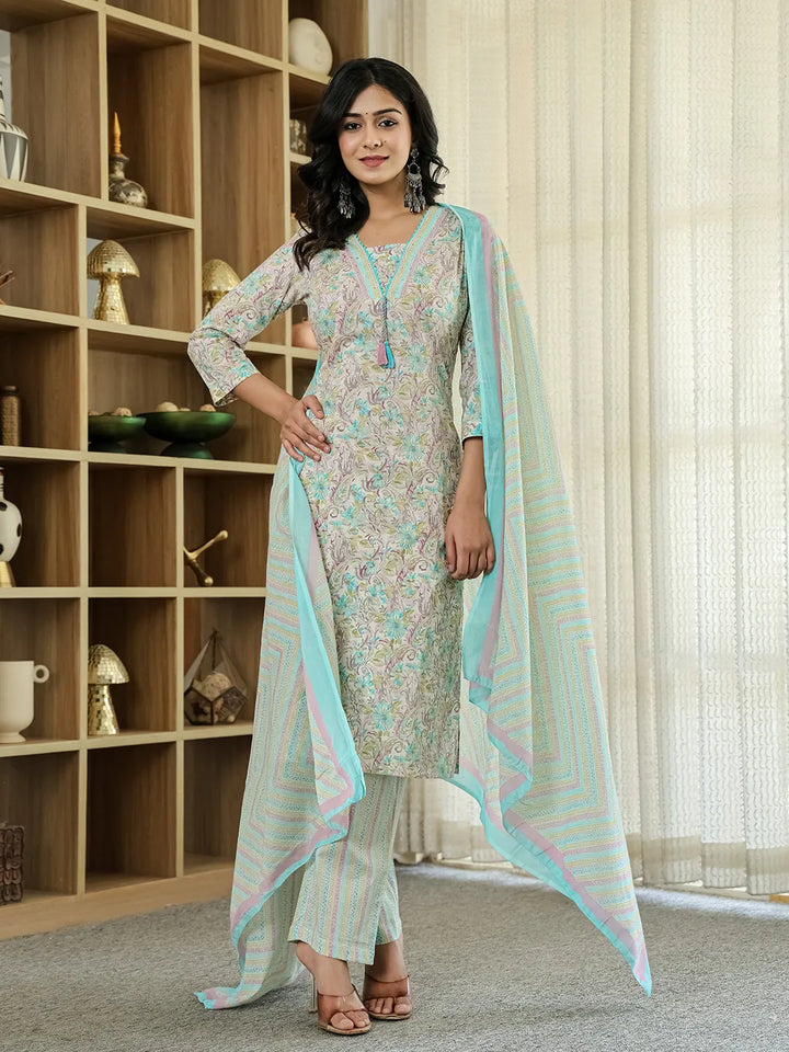 Purple Pure Cotton Floral Print Kurta Dupatta Pant Set-Yufta Store-6544SKDPRM