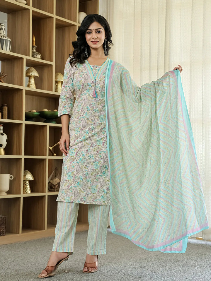 Purple Pure Cotton Floral Print Kurta Dupatta Pant Set-Yufta Store-6544SKDPRM