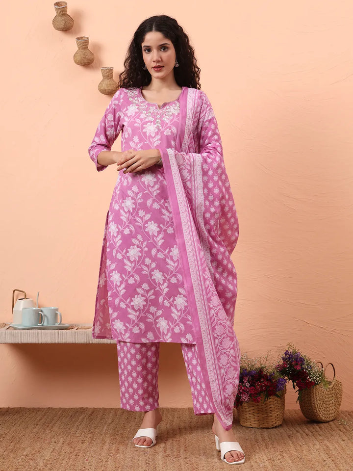 Purple Pure Cotton Thread Work Kurta Dupatta Pant Set