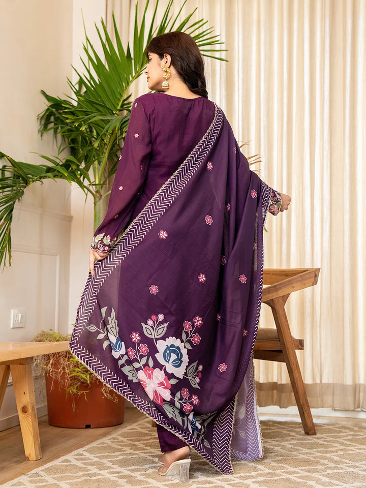Purple Resham Embroidery A-Line Chanderi Silk Kurta Trouser Dupatta Set