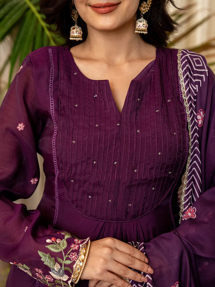 Purple Resham Embroidery A-Line Chanderi Silk Kurta Trouser Dupatta Set