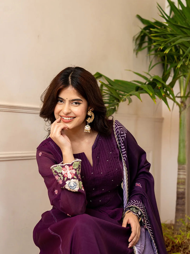 Purple Resham Embroidery A-Line Chanderi Silk Kurta Trouser Dupatta Set