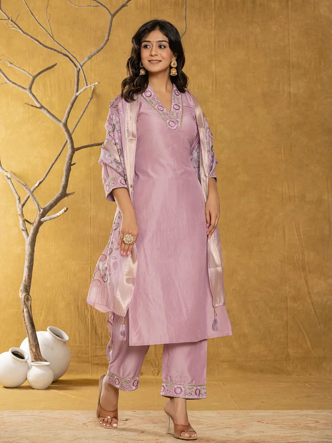 Purple Silk Blend Pakistani Style Kurta Dupatta Set-Yufta Store-1010SKDPRS