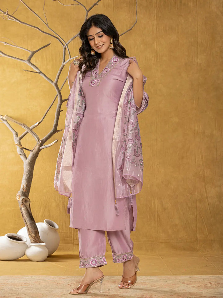 Purple Silk Blend Pakistani Style Kurta Dupatta Set-Yufta Store-1010SKDPRS