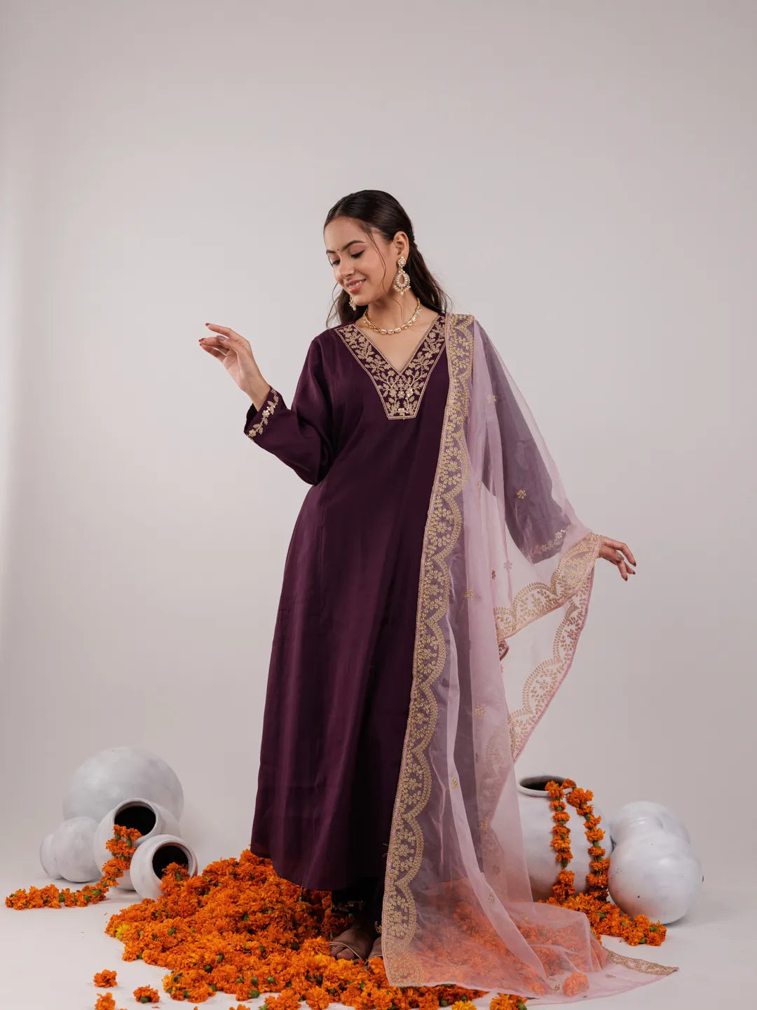 Purple Silk Embroidered Kurta Dupatta Set-Yufta Store-7175SKDPRS