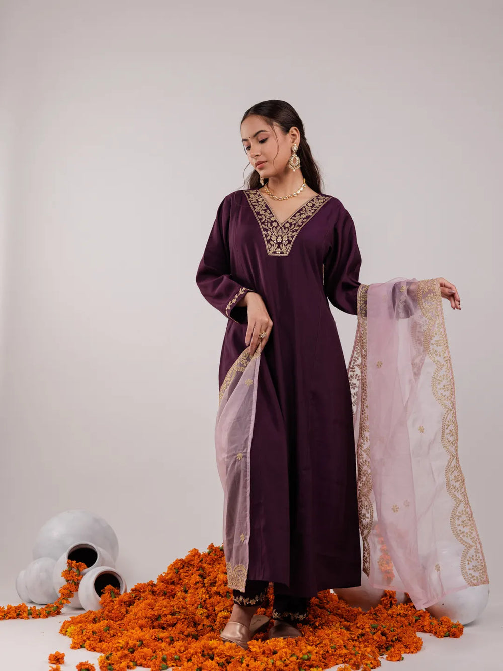 Purple Silk Embroidered Kurta Dupatta Set-Yufta Store-7175SKDPRS