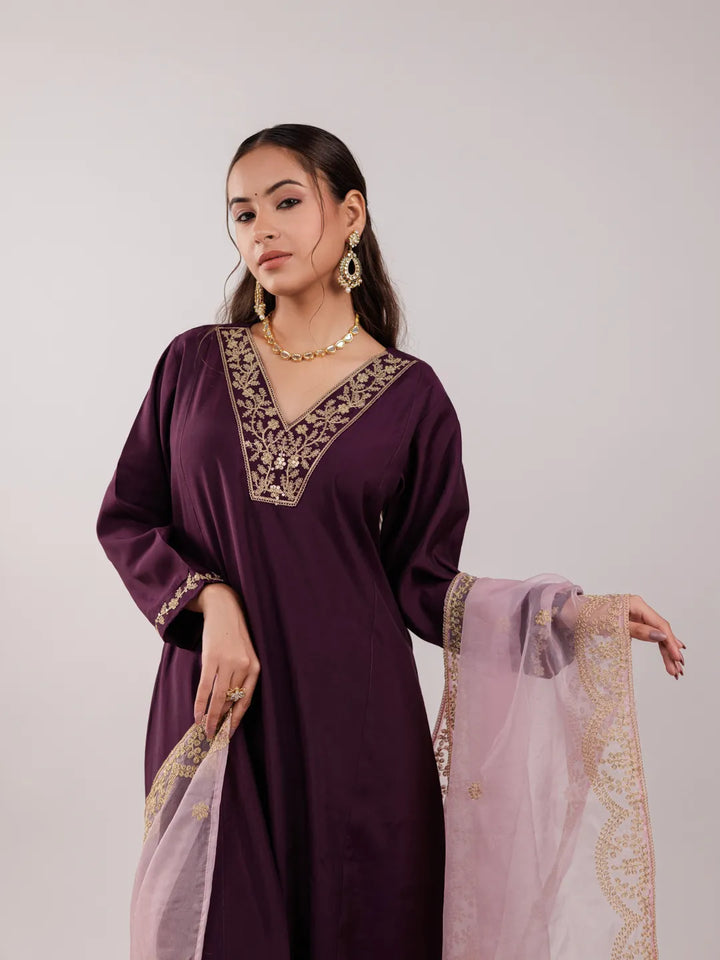 Purple Silk Embroidered Kurta Dupatta Set-Yufta Store-7175SKDPRS