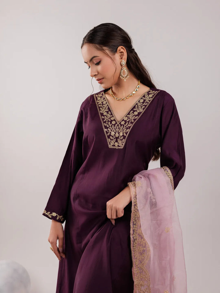 Purple Silk Embroidered Kurta Dupatta Set-Yufta Store-7175SKDPRS