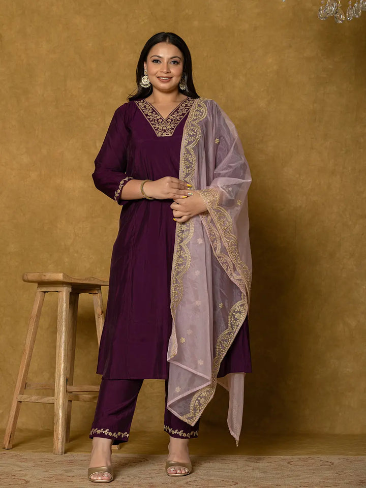 Purple Silk Embroidered Plus Size Kurta Dupatta Set-Yufta Store-7175PSKDPR3XL