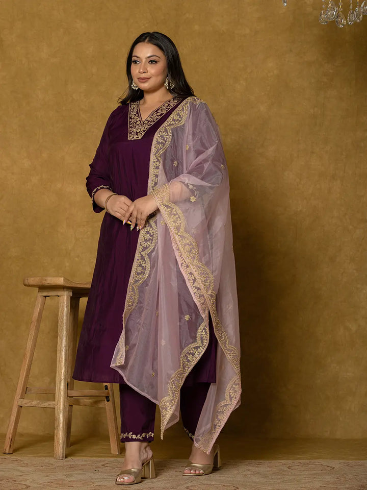 Purple Silk Embroidered Plus Size Kurta Dupatta Set-Yufta Store-7175PSKDPR3XL