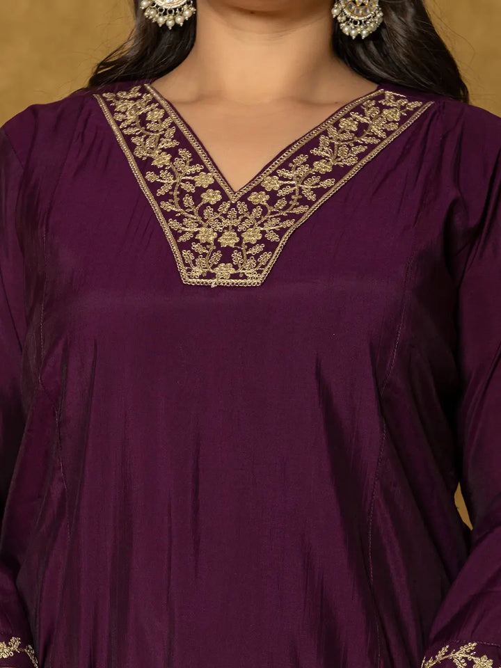 Purple Silk Embroidered Plus Size Kurta Dupatta Set-Yufta Store-7175PSKDPR3XL