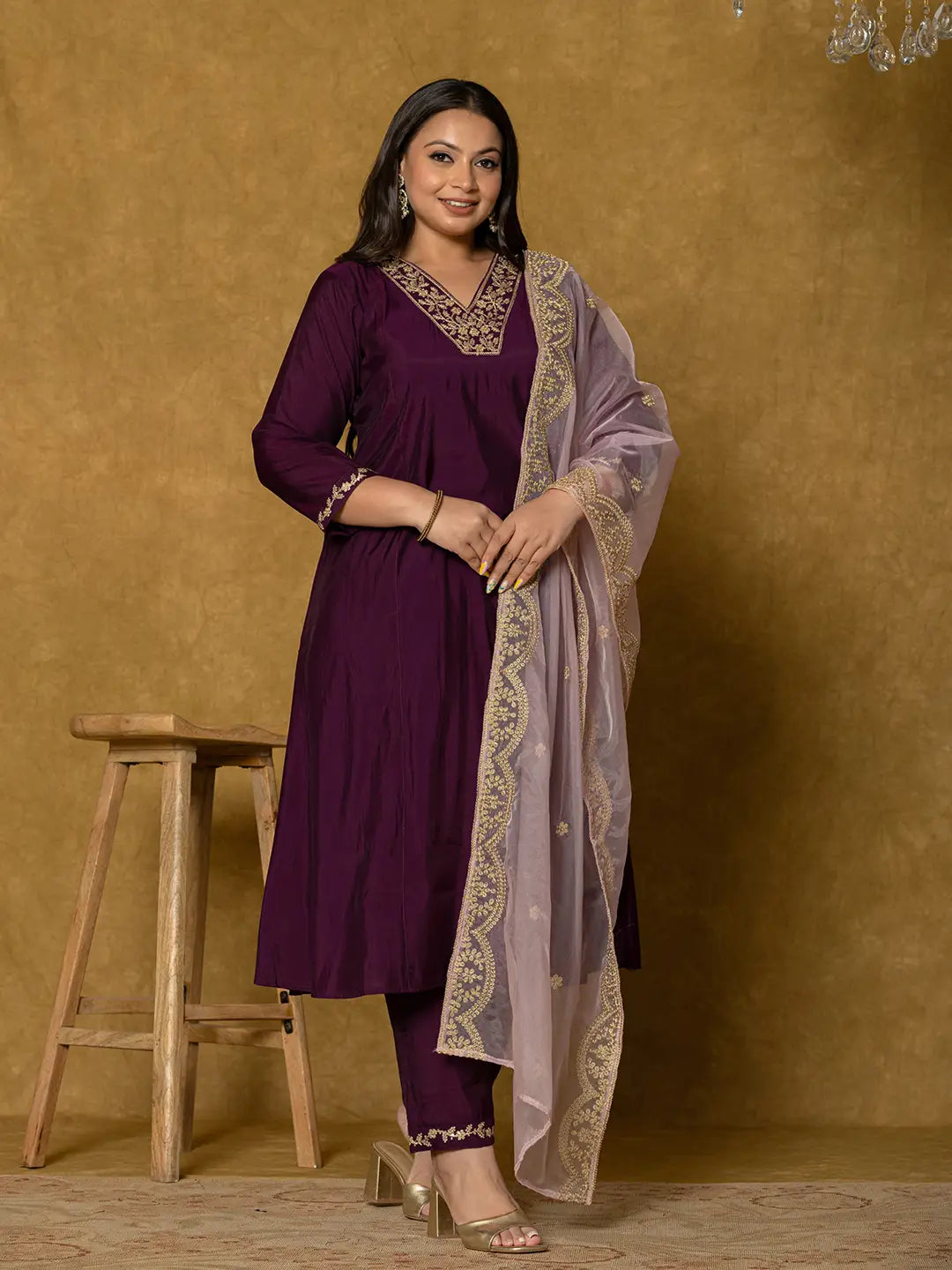 Purple Silk Embroidered Plus Size Kurta Dupatta Set-Yufta Store-7175PSKDPR3XL