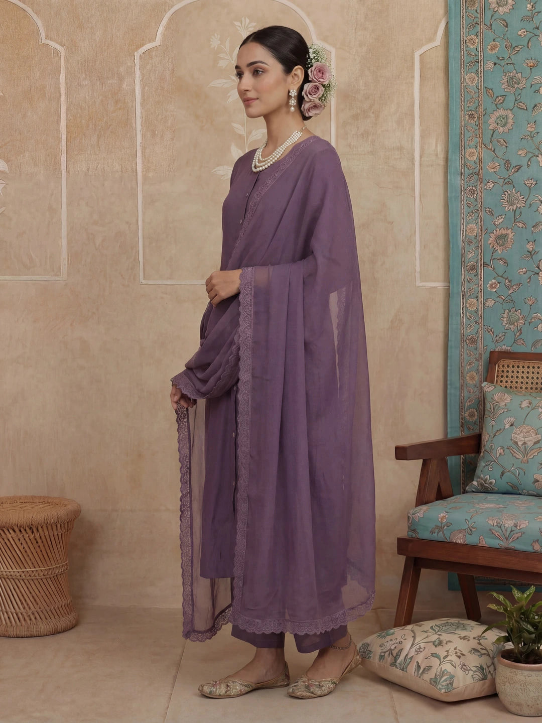Purple Solid A-Line Design Lining Kurta Trouser Dupatta Set-Yufta Store-7483SKDPRM