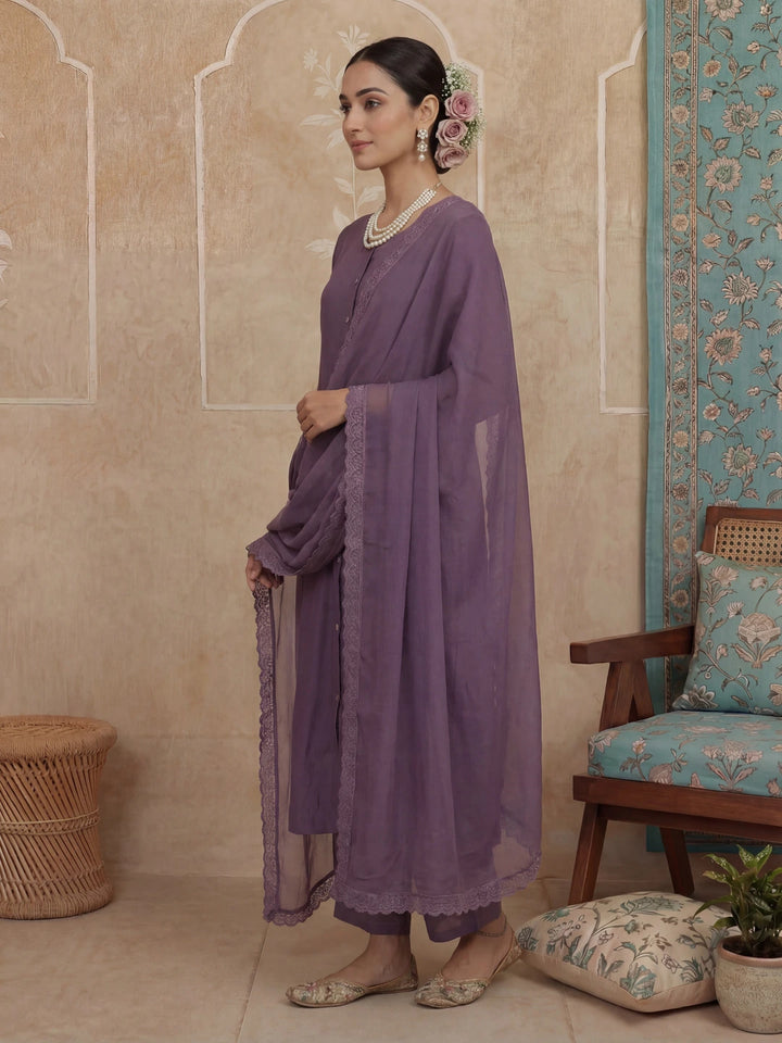Purple Solid A-Line Design Lining Kurta Trouser Dupatta Set-Yufta Store-7483SKDPRM