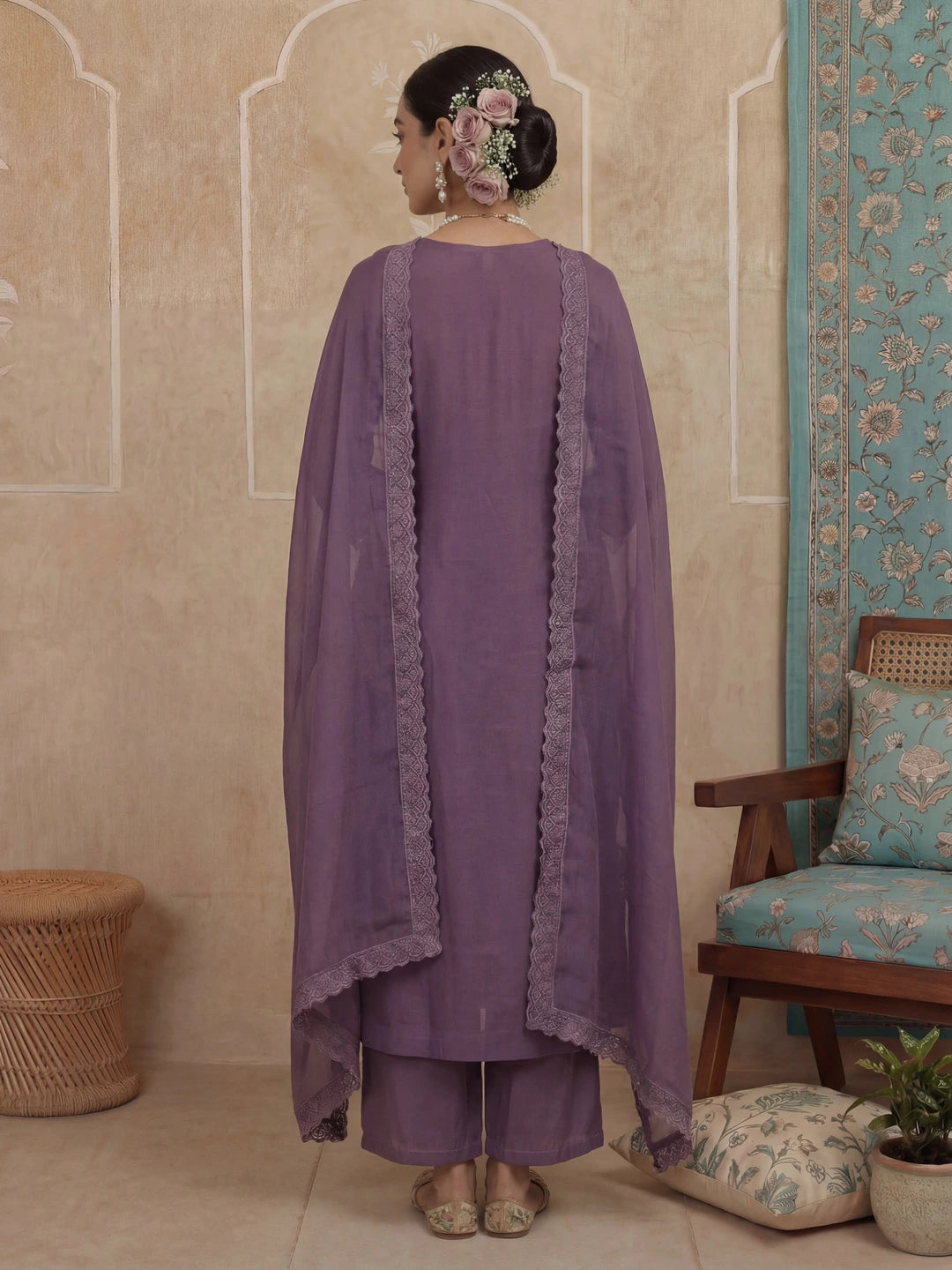 Purple Solid A-Line Design Lining Kurta Trouser Dupatta Set-Yufta Store-7483SKDPRM