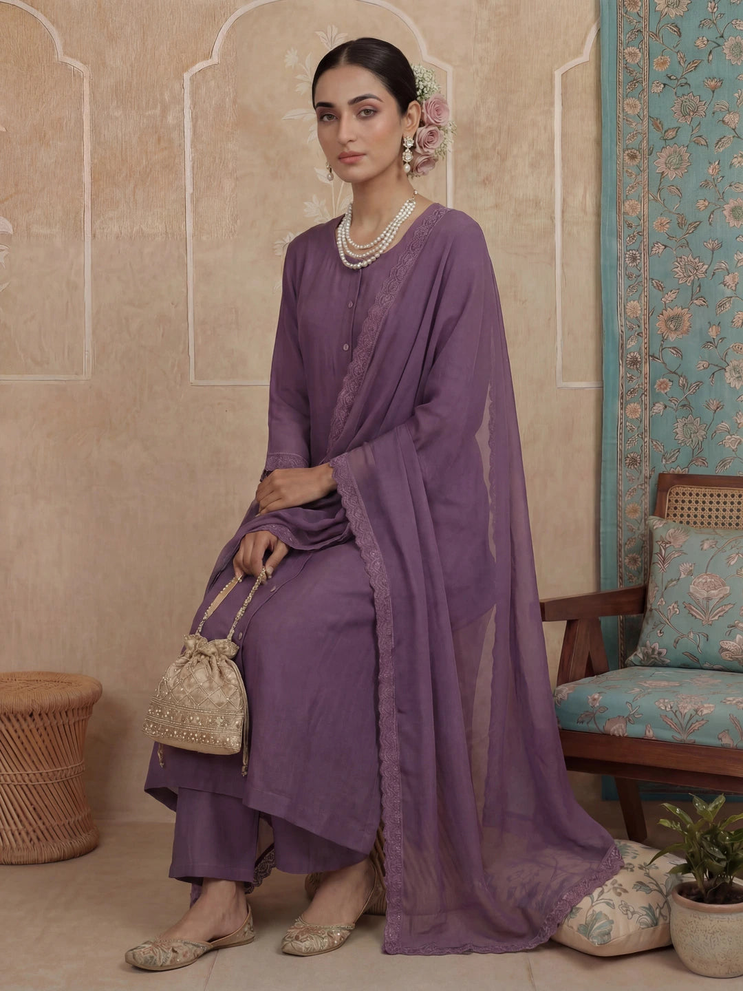 Purple Solid A-Line Design Lining Kurta Trouser Dupatta Set-Yufta Store-7483SKDPRM