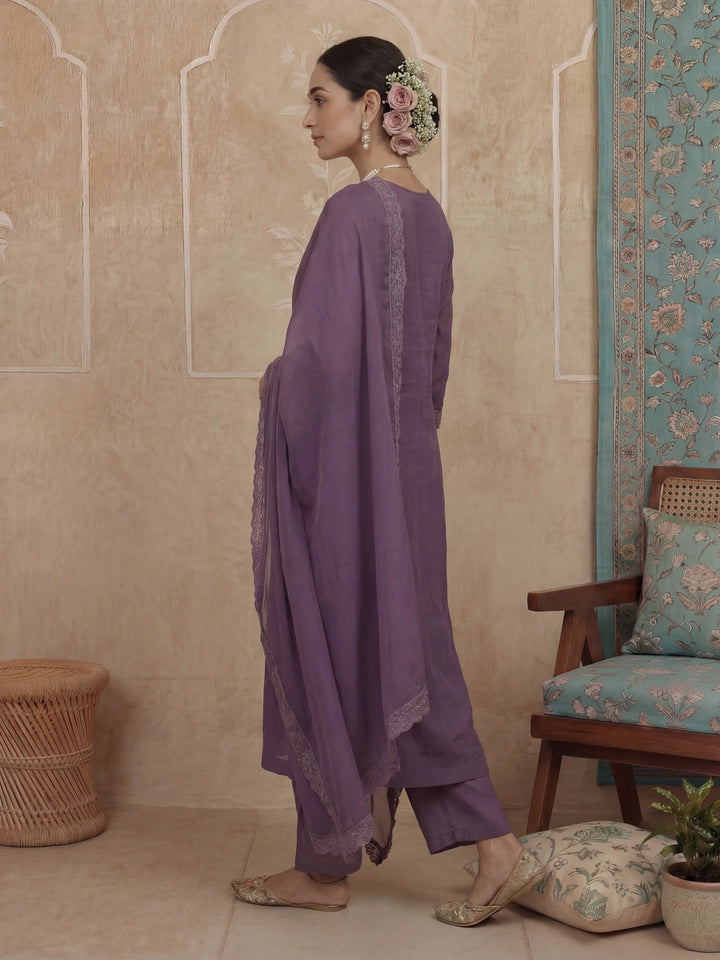 Purple Solid A-Line Design Lining Kurta Trouser Dupatta Set-Yufta Store-7483SKDPRM