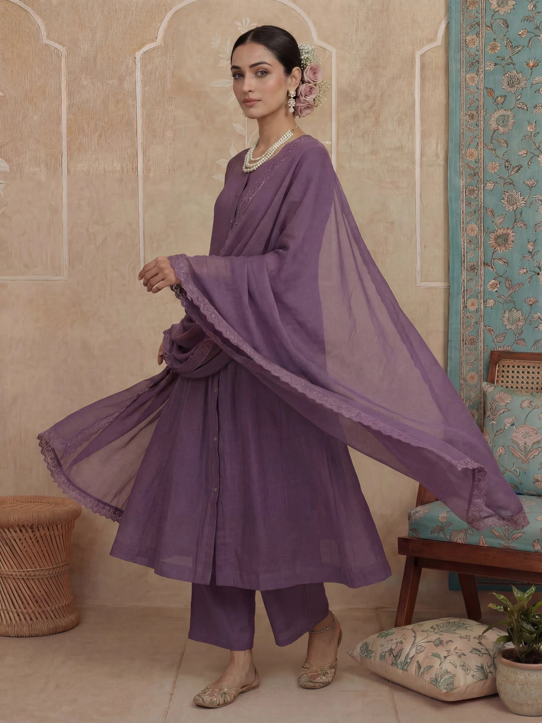 Purple Solid A-Line Design Lining Kurta Trouser Dupatta Set-Yufta Store-7483SKDPRM