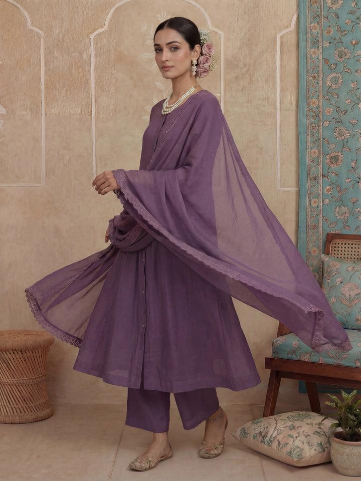 Purple Solid A-Line Design Lining Kurta Trouser Dupatta Set-Yufta Store-7483SKDPRM