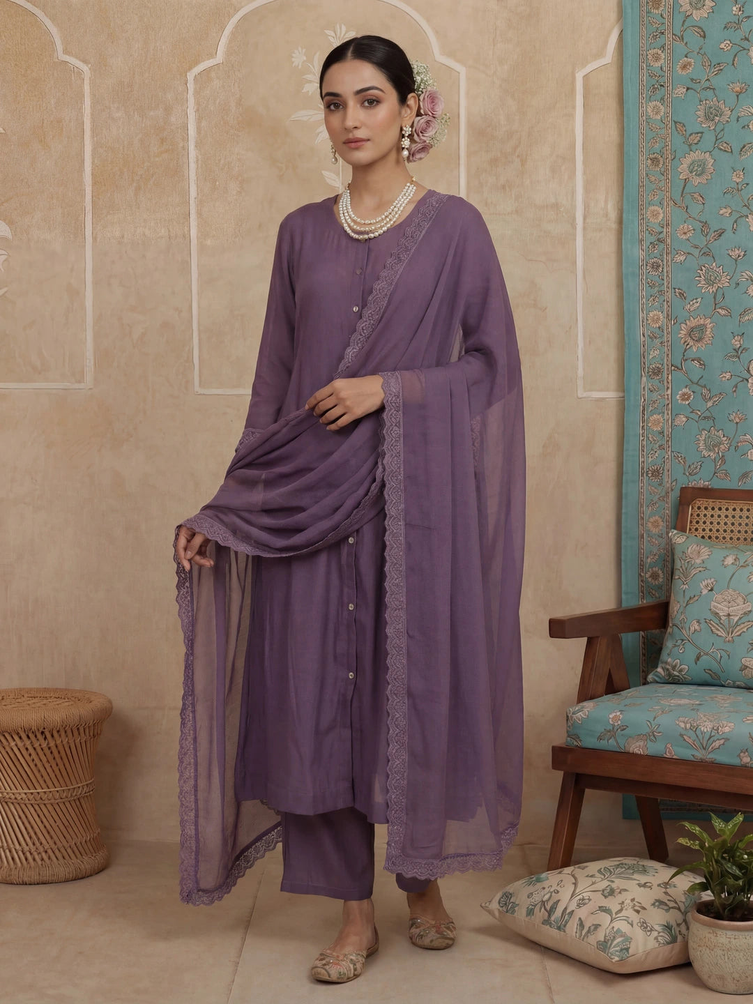Purple Solid A-Line Design Lining Kurta Trouser Dupatta Set-Yufta Store-7483SKDPRM