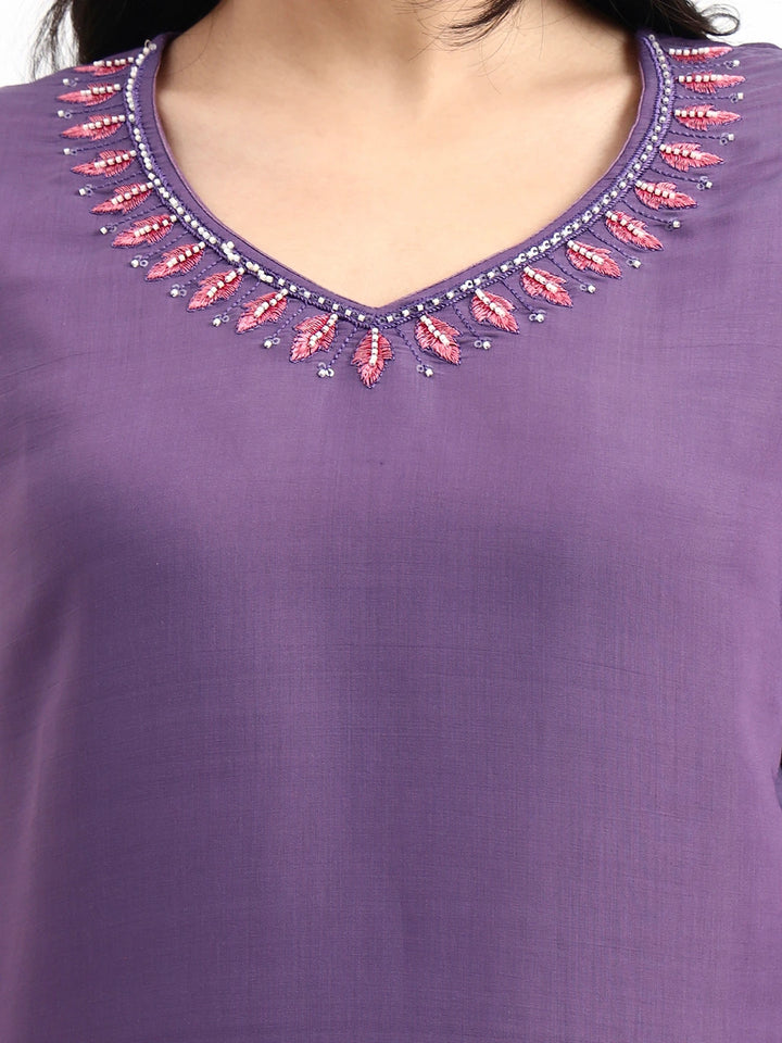 Purple Solid Straight Style Chanderi Silk Lining Kurta Trouser Dupatta Set