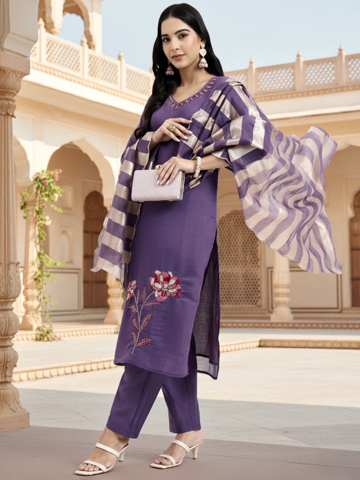 Purple Solid Straight Style Chanderi Silk Lining Kurta Trouser Dupatta Set