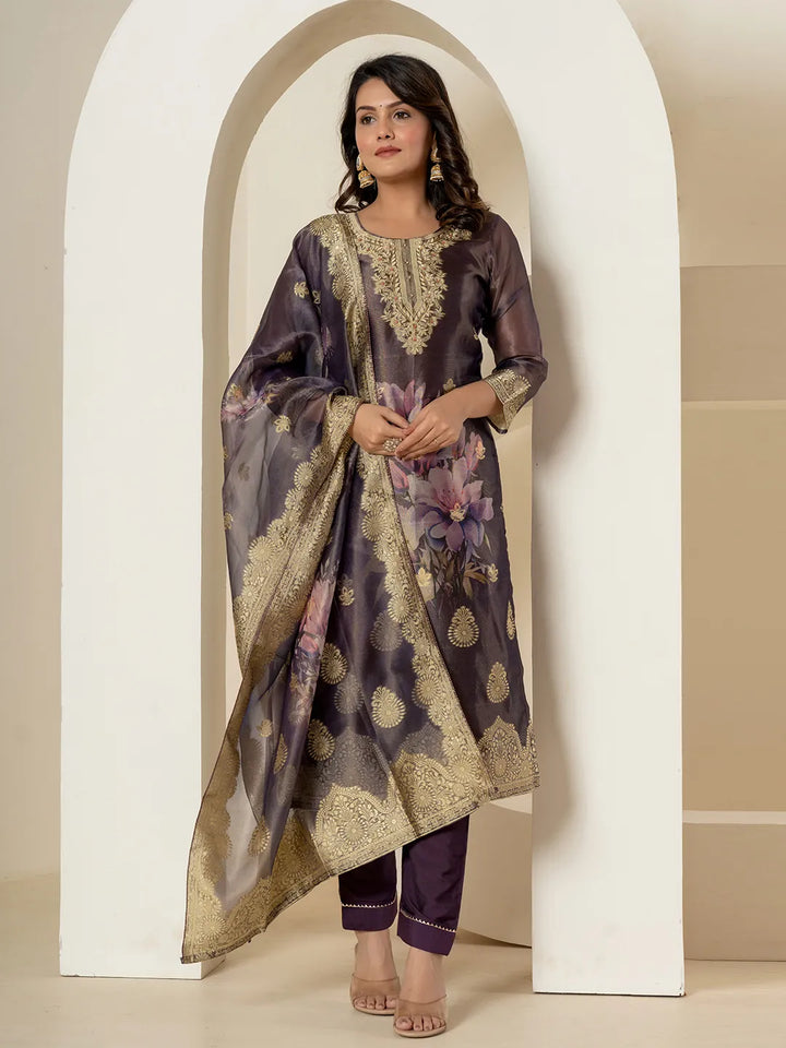 Purple Tissue Kurta Dupatta Pant Set-Yufta Store-7214SKDPRM