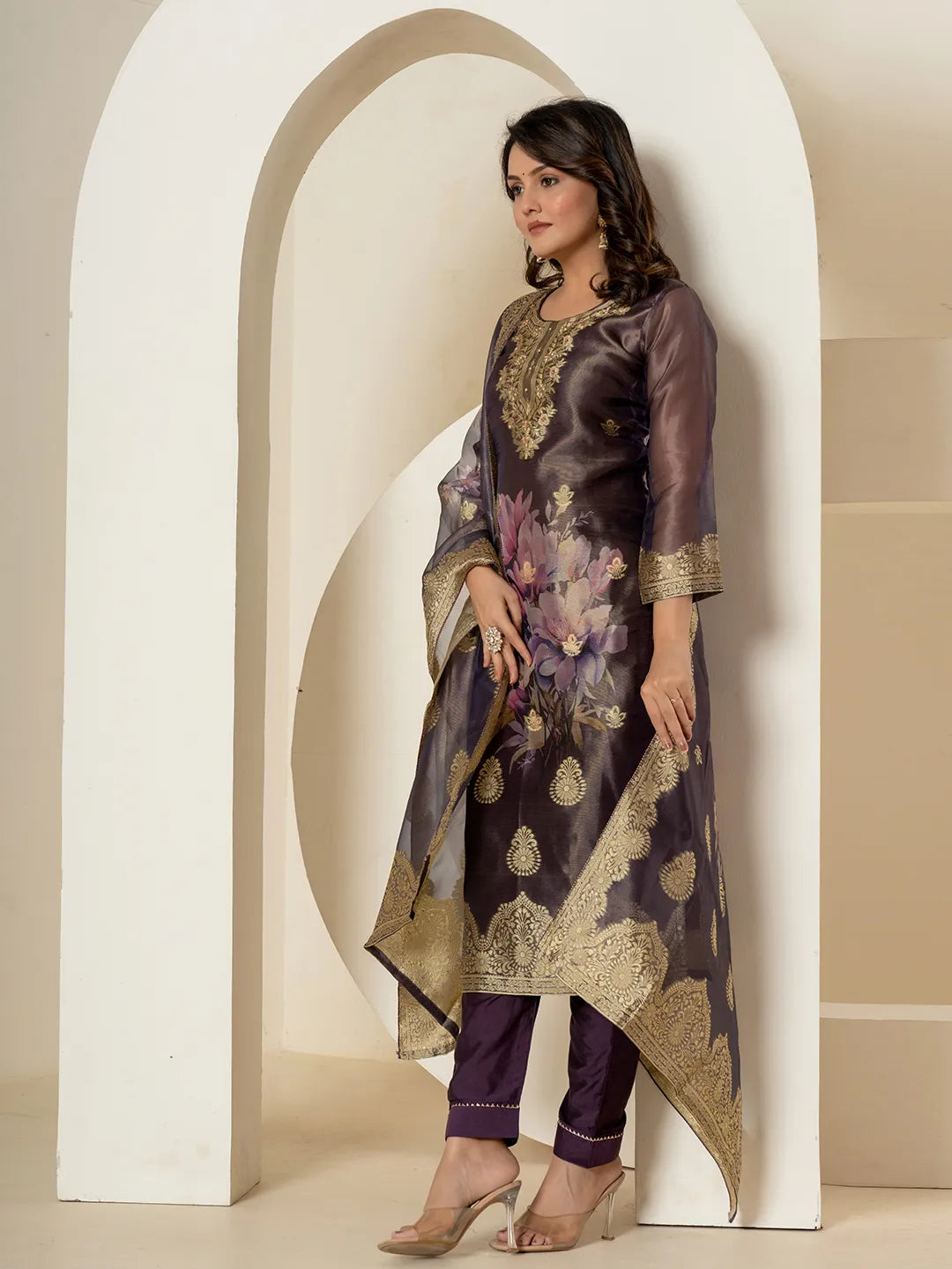 Purple Tissue Kurta Dupatta Pant Set-Yufta Store-7214SKDPRM