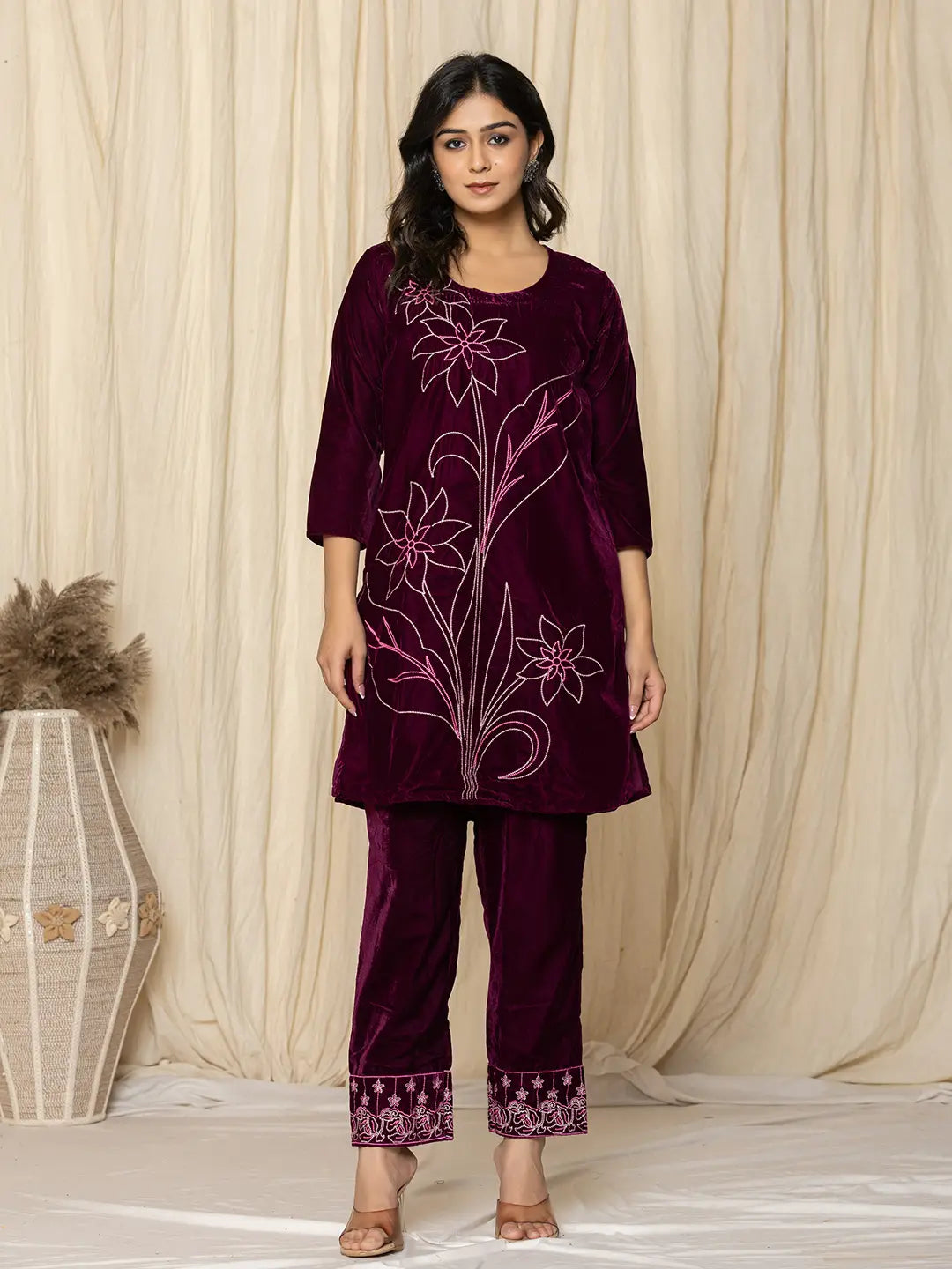 Purple Embroidered Velvet Co-Ord Set-Yufta Store-1839CRDPRS