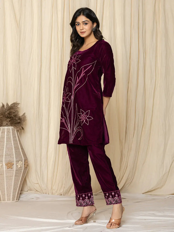 Purple Embroidered Velvet Co-Ord Set-Yufta Store-1839CRDPRS