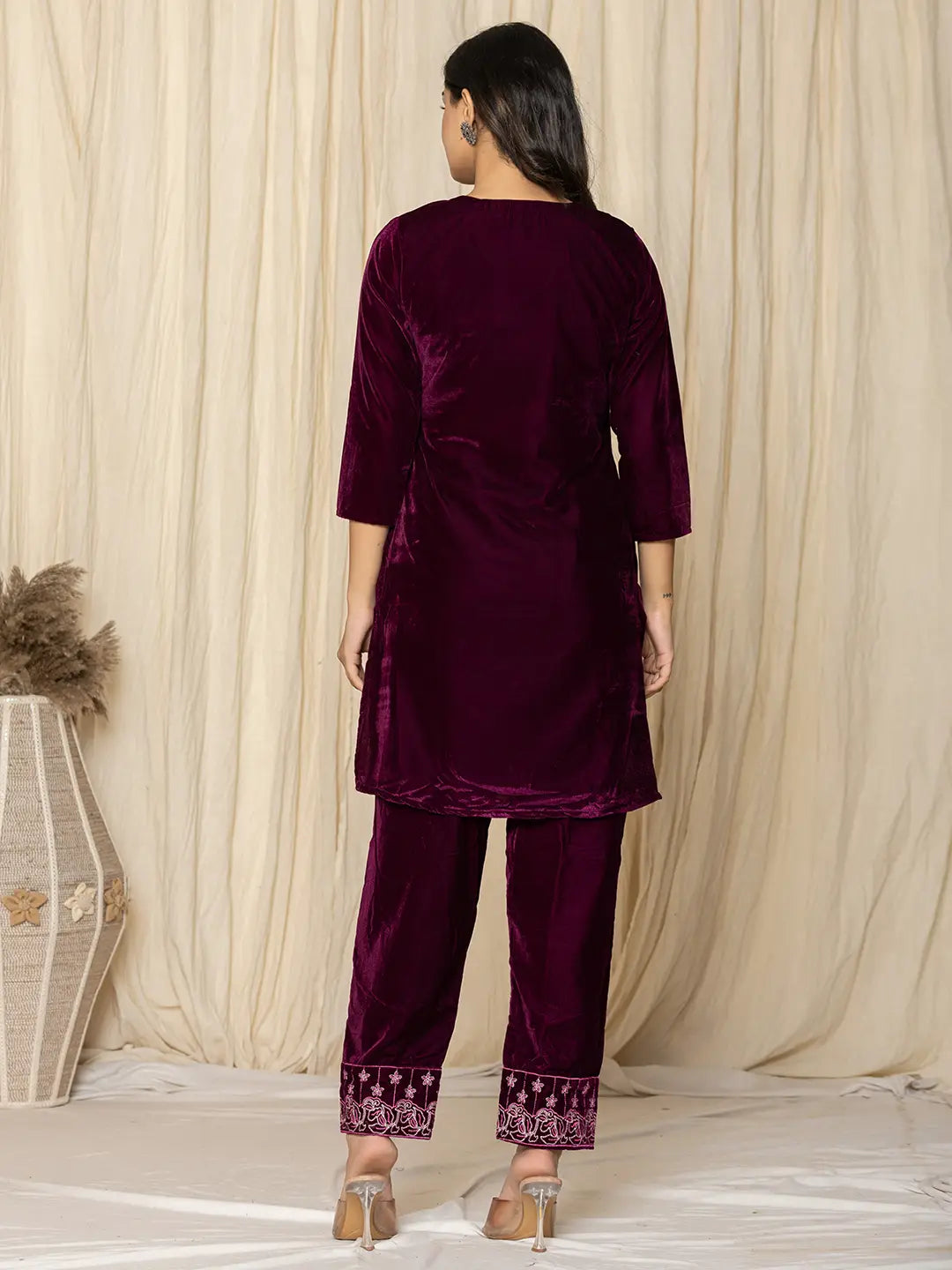 Purple Embroidered Velvet Co-Ord Set-Yufta Store-1839CRDPRS