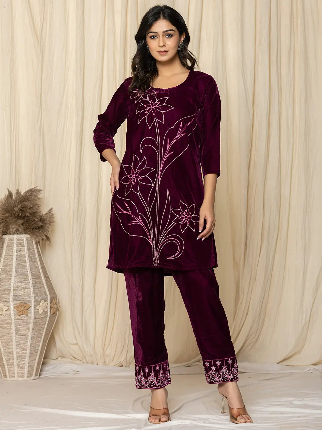 Purple Embroidered Velvet Co-Ord Set-Yufta Store-1839CRDPRS