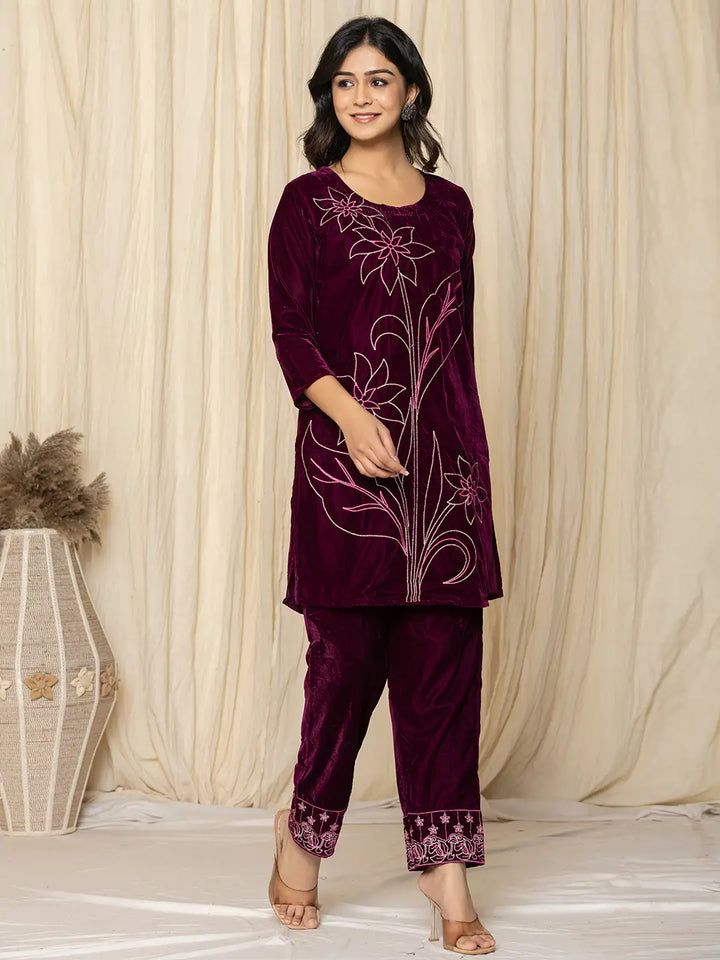 Purple Embroidered Velvet Co-Ord Set-Yufta Store-1839CRDPRS