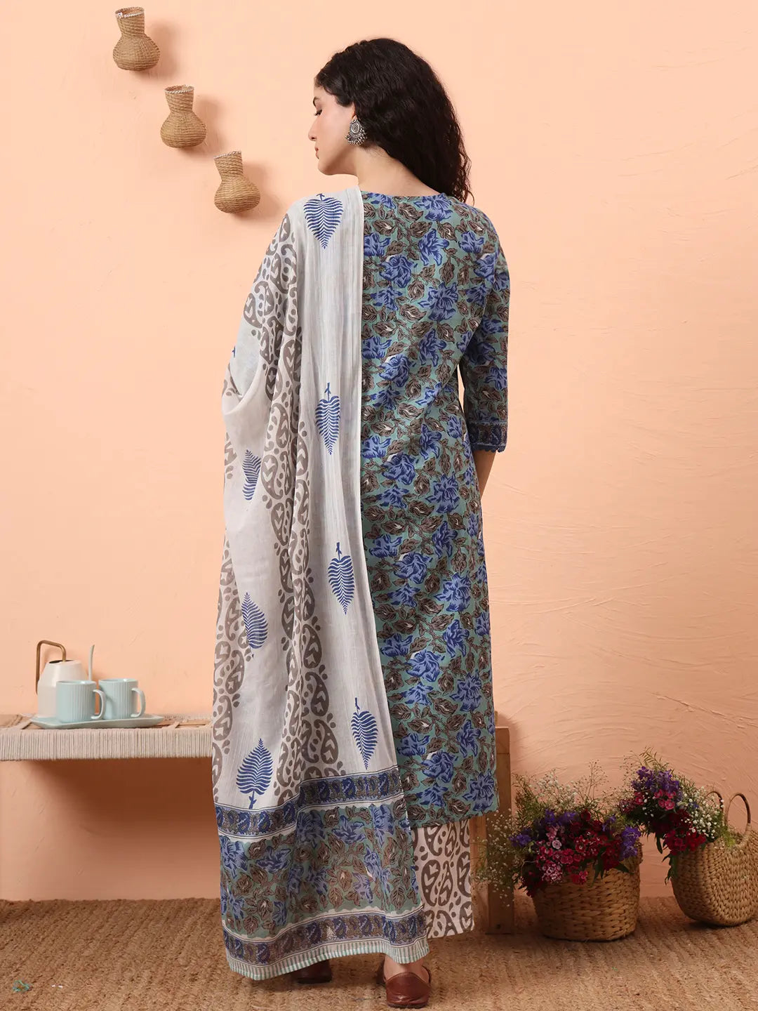 Rama Green And Blue Floral Sequins Work Straight Kurta Trouser Dupatta Set-Yufta Store-6243SKDRGM