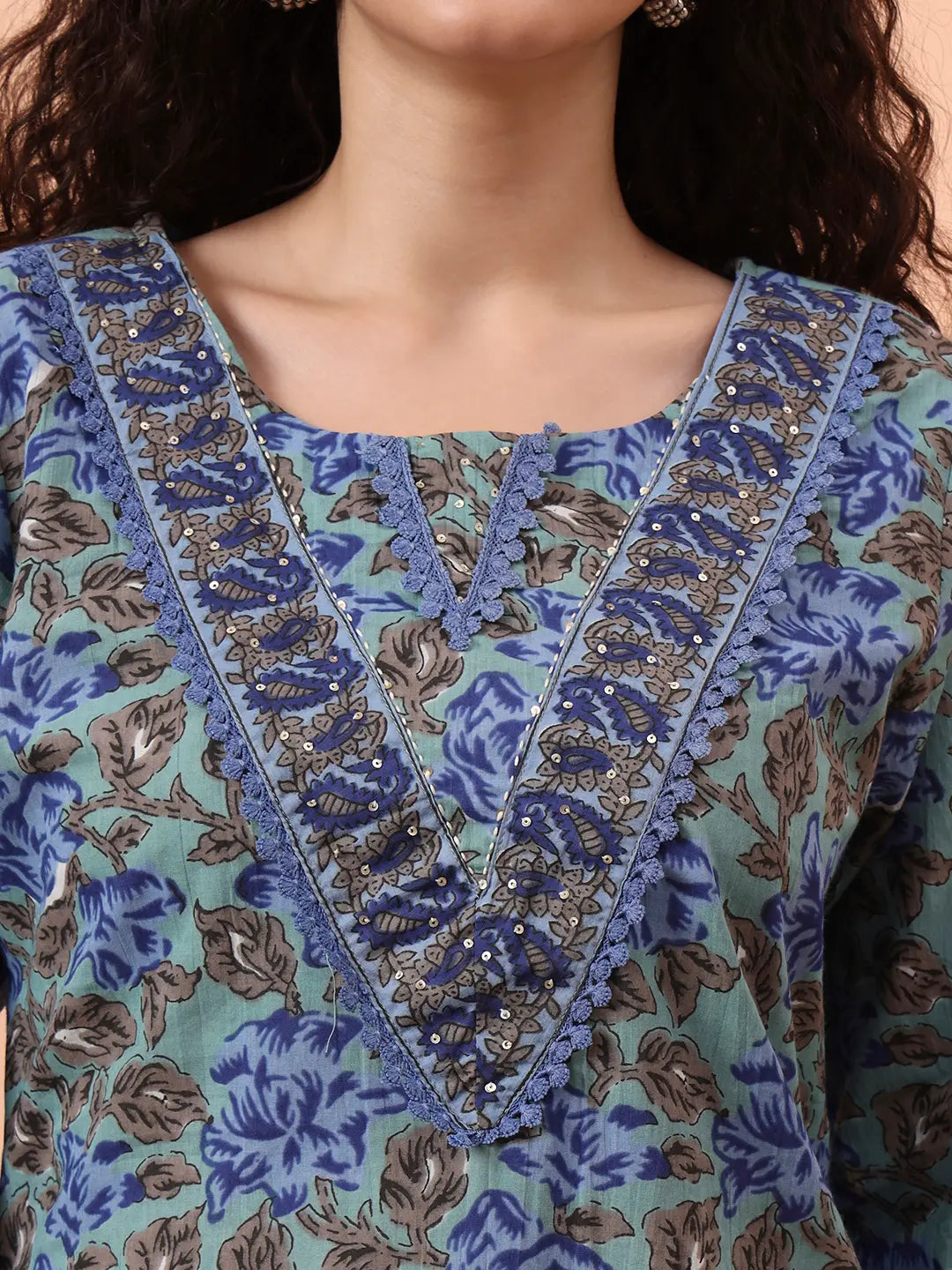 Rama Green And Blue Floral Sequins Work Straight Kurta Trouser Dupatta Set-Yufta Store-6243SKDRGM