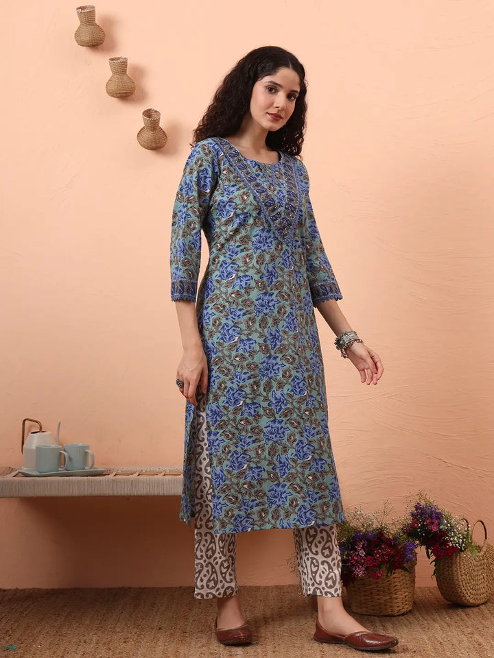 Rama Green And Blue Floral Sequins Work Straight Kurta Trouser Dupatta Set-Yufta Store-6243SKDRGM