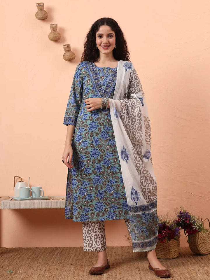 Rama Green And Blue Floral Sequins Work Straight Kurta Trouser Dupatta Set-Yufta Store-6243SKDRGM