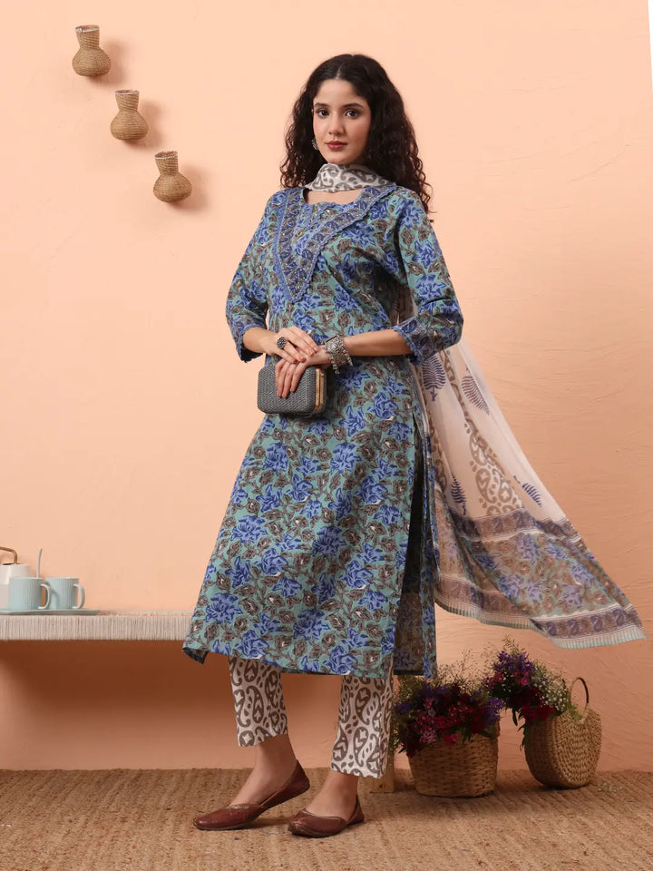 Rama Green And Blue Floral Sequins Work Straight Kurta Trouser Dupatta Set-Yufta Store-6243SKDRGM