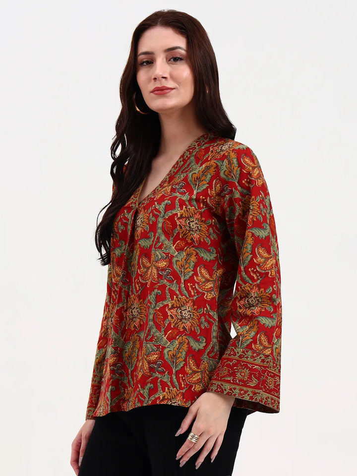 Red And Green Cotton Straight Top-Yufta Store-7260TOPRDS