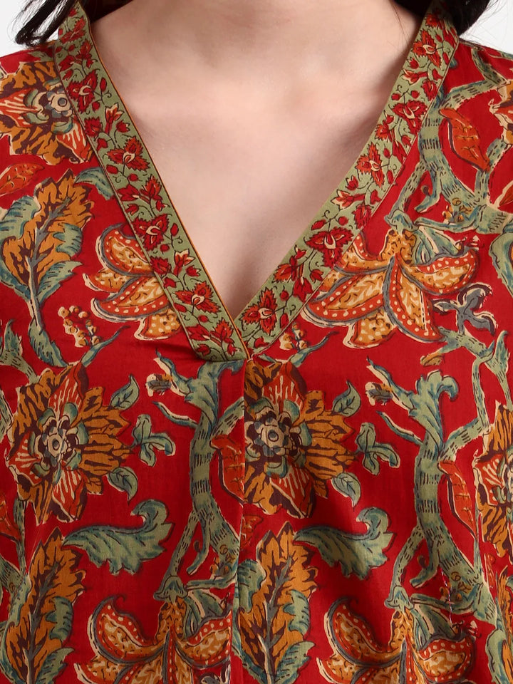 Red And Green Cotton Straight Top-Yufta Store-7260TOPRDS