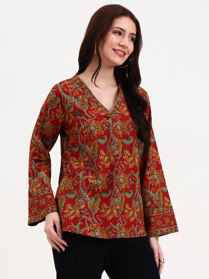 Red And Green Cotton Straight Top-Yufta Store-7260TOPRDS