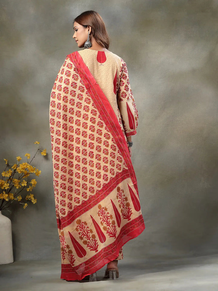 Red And Peach Floral Print Cotton A-Line Kurta And Trouser With Dupatta Set