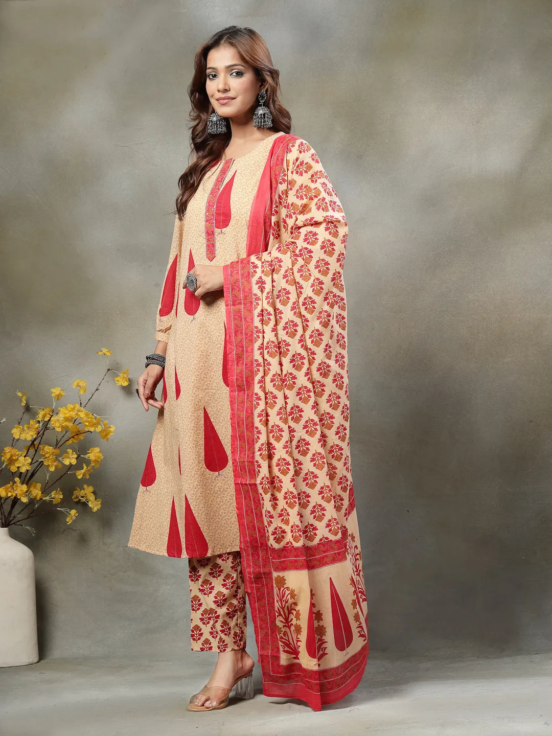 Red And Peach Floral Sequins Work Cotton A-Line Kurta And Trouser Dupatta Set