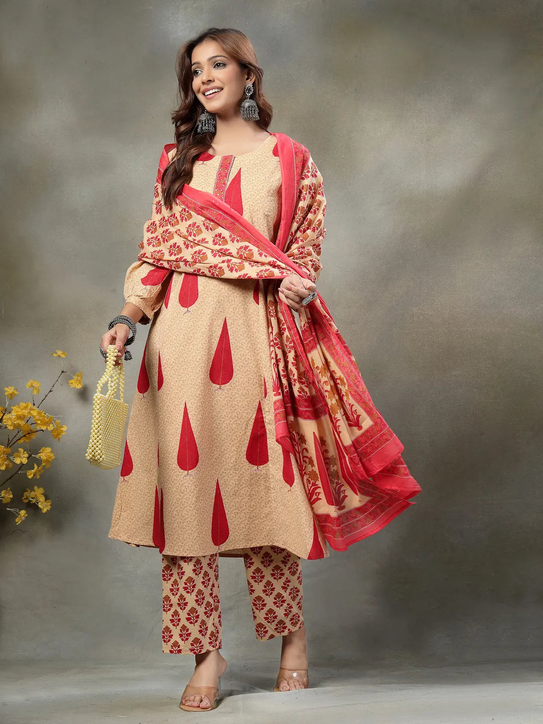 Red And Peach Floral Sequins Work Cotton A-Line Kurta And Trouser Dupatta Set