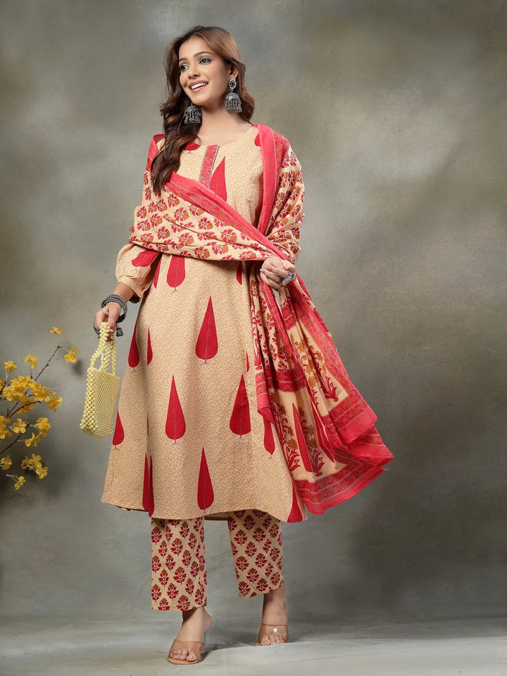 Red And Peach Floral Sequins Work Cotton A-Line Kurta And Trouser Dupatta Set
