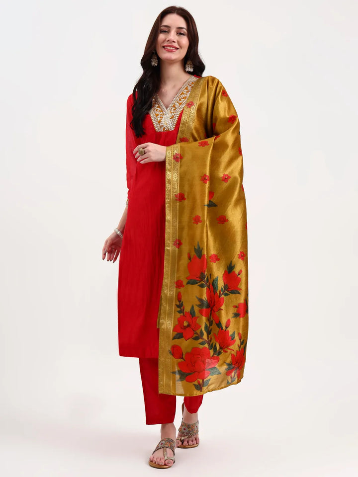 Red Chanderi A Line Dori Embroidery Kurta Set With Pant And Dupatta